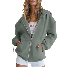 Trendy Queen Womens Zip Up Hoodies Oversized Sweatshirts Fall School Fashion Outfits Casual Jackets 2025 Winter Clothes LightGreen XL