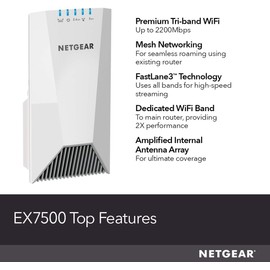 NETGEAR WiFi Mesh Range Extender EX7500 - Coverage up to 2300 sq.ft. and 45 Devices with AC2200 Tri-Band Wireless Signal Booster & Repeater (up to 2200Mbps Speed), Plus Mesh Smart Roaming