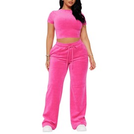 SMSN Women 2 Piece Outfits Velvet Sweatsuit Set Casual Short Sleeve Pullover Tops and Drawstring Wide Leg Sweatpant Tracksuit Sets Rose Pink L