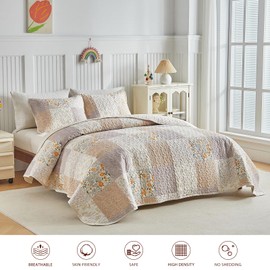 Joyreap Floral Cotton Quilt Set, Gray n Brown Botanical Patchwork Design for Autumn, 3 Pieces King Size Quilt Bedding Set, Soft n Cozy Bedspread Bed Cover for All Season- 102x90 inches