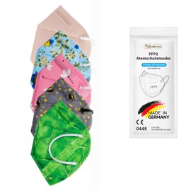 TubeRoo FFP2 Mask Set Spring with 5 Colours Pattern Motif Green Light Blue Dark Grey Pink Pack of 10 Masks from Germany, Made in Germany, Soft Ear Loops Bands, Respirator Mask, Mouth Guard