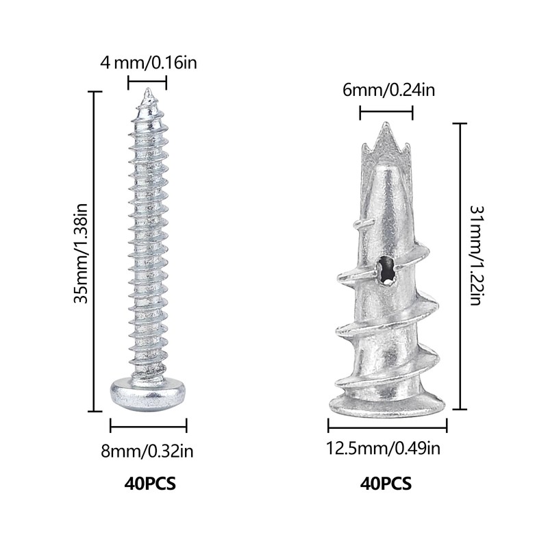 JINTANG Plasterboard Dowels, 40 Pieces, Self-Drilling Plasterboard Dowel Metal with