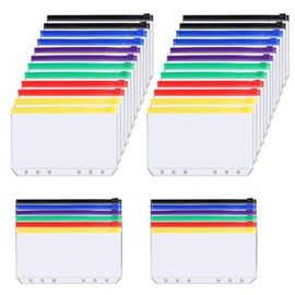 Pack of 24 Binder Pockets A5 Zipper Pockets Transparent Plastic Binder Pockets 6 Holes Zip Folder Waterproof Document Bag 6 Colours