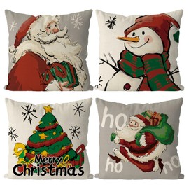 QIONG MENG Grey Christmas Pillow Covers Xmas Snowman Santa Tree Throw Pillows Home Sofa Living Room Decorative Cushion Case 18x18 Inch Set of 4