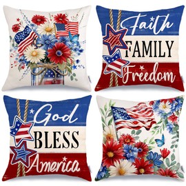 GEEORY 4th of July God Bless America Pillow Covers 18x18 Inch Set of 4, Stars and Stripes Faith Freedom Decorative Throw Pillows Patriotic Decorations Independence Day Decor for Home G700-18