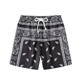Eymitory Boy's Summer Boho Paisley Print Shorts Casual Kids Drawstring High Waisted Graphic Shorts with Pocket B-Black