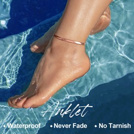 Rose Gold Plated Flat Snake Chain Link Dainty Ankle Bracelets for Women, Boho Summer Beach Anklet Adjustable Foot Jewelry 5MM