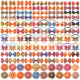 JpGdn 120PCS Dog Costume Fall Pack Including 60PCS Dogs Collars Flowers and Bowties Attachments 20PCS Bowties with Adjustable Collar 40PCS Puppies Hair Bows Pumpkin Maple Leaves Grooming Accessories