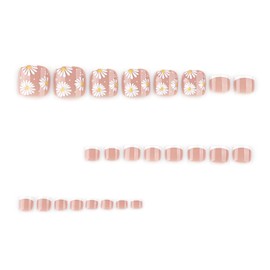 Square False Toenail Short - 24Pcs French Short Fake Toe Nail - Nude Pink Press on Toenail with Daisy Designs - Full Cover Acrylic French Tips Toe Nail with Glue DIY at Home Manicure