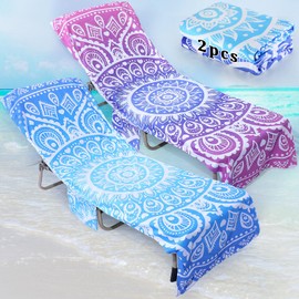Lallisa 2 Pcs Beach Chair Cover with Side Pockets 28.7 x 82.7 Inch Dry Chaise Pool Lounge Chair Towel Cover Folding Mandala Absorbent Pool Chair Covers for Outdoor Sunbathing Garden Beach Hotel Lawn