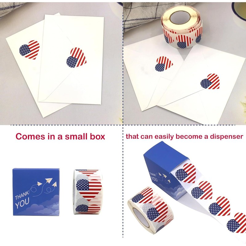 Opreng Heart Shaped American Flag Stickers, 500 PCS, 1.5 Inch