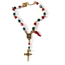 Italian Auto/Vehicle Rosary With Red Italian Horn (Cornicello) Charm (Silver or Gold) (Gold)