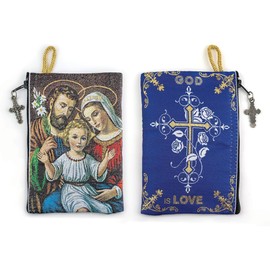 TREE OF LIFE REV. 22:14 Catholic Rosary Pouch, Holy Family & God is Love, 4" x 6" Jewelry & Coin Purse with Cross, Small Woven Tapestry Icon Bag, Bolsa de Rosario Católico para Joyería