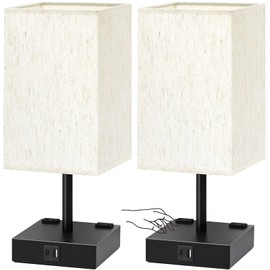 Bedside Table Lamps Set of 2 - Touch Nightstand Lamp for Bedroom with USB C+A Charging Ports & AC Outlets, 3-Way Dimmable Desk Lamp Flaxen Fabric Shade for Living Room Office(Bulb Included)
