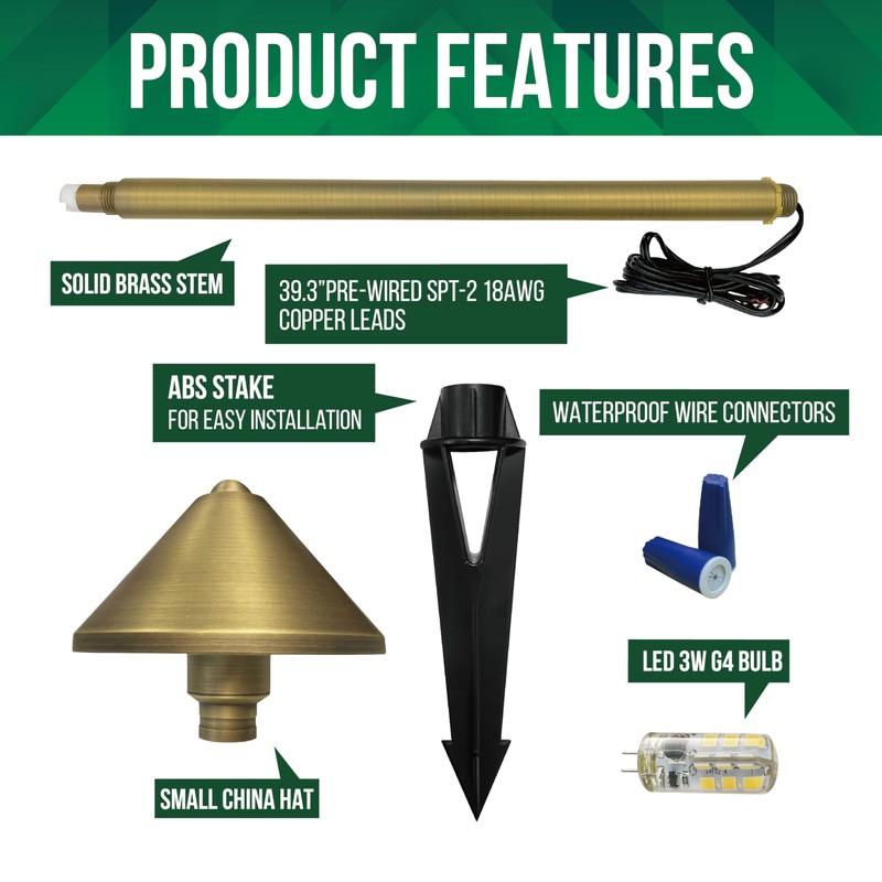 GKOLED Solid Brass Landscape Path Lights (5" Shade, 20" Tall),