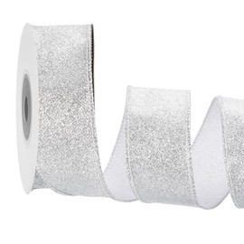 sourcing map 1.6 Inch/4cm Glitter Wired Ribbon, Silver Sparkly Iridescent Ribbon 10 Yard for Christmas Tree Wreath Decoration Gift Wrapping, with Metallic Edge