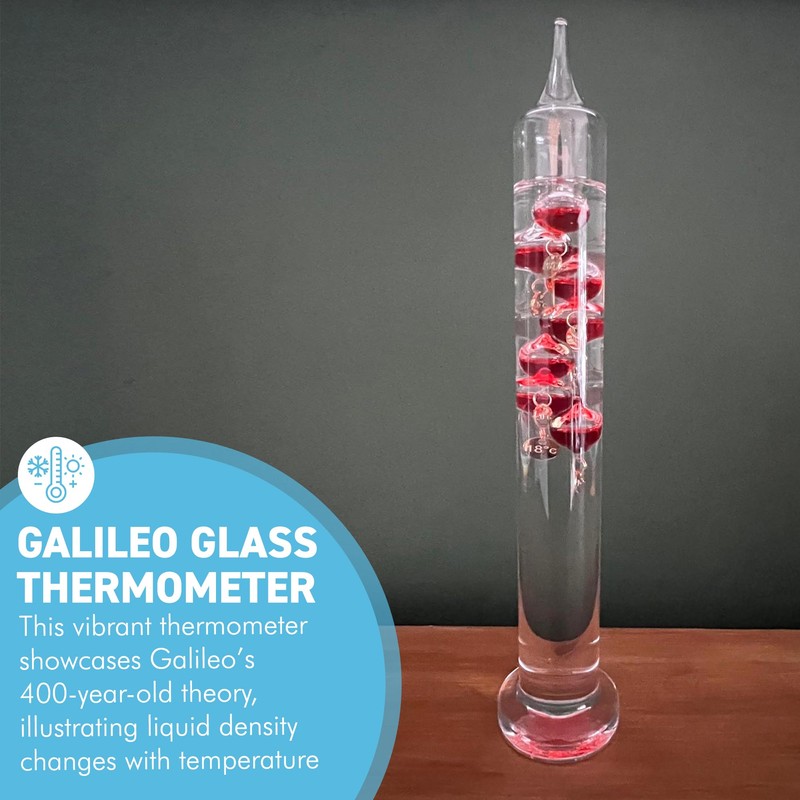 30cm Tall Free Standing Galileo Thermometer with seven red floating