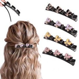 PreciRise 4 Pcs Sparkling Crystal Stone Braided Hair Clips, 2025 New Satin Fabric Hair Bands Rhinestone Four-Leaf Clover Hair Clip for Styling, Duck Bill Clips for Women Girls, Color P Q T V