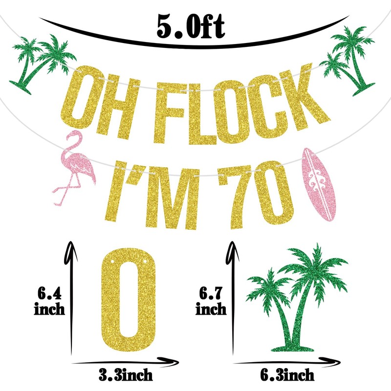 Gold Glitter Oh Flock I'm 70 Banner, Aloha 70/Flamingo Happy