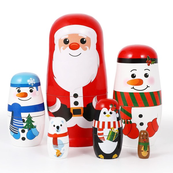 HEALLILY Christmas Wooden Stacking Doll Christmas Russian Matryoshka Doll Christmas Wooden Nested Doll with Santa Claus Elk Snowman Polar Bear Penguin for Kids Birthday Toy Gift Party Home Decor