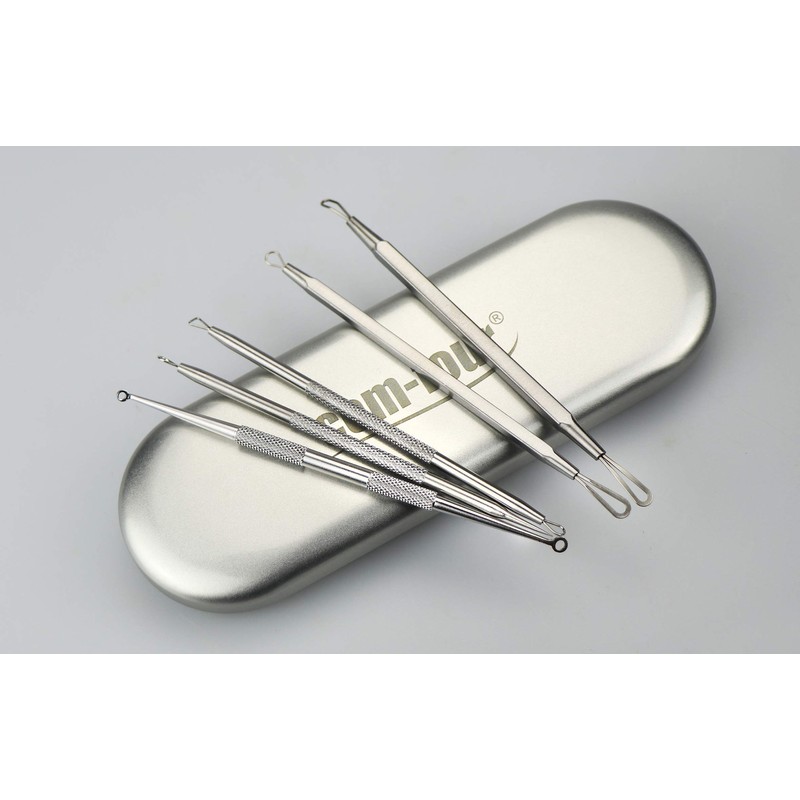 com-four® 5-Piece Set Blackhead Remover Stainless Steel Comedone Squeezer for