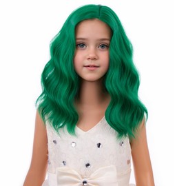 PATTNIUM Kids Child Green Wig Short Curly Wavy Wig for Girls Dark Green Wigs Synthetic Hair Wigs