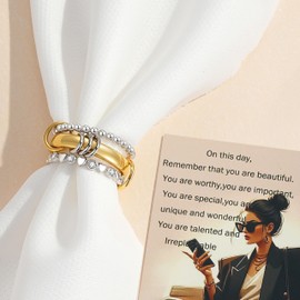 ZOEXUE 18k Gold Plated Interlocked Stackable Rings for Women Non-Tarnish - Statement Mixed Metals Multi Ring Stack Jewelry Set Secure-Set Stones & Chunky Band Design Sizes 4-10, 7, Copper, Cubic