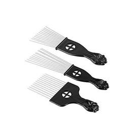 3Pc Metal Hair Styling Pik Afro Pick Comb For Volume & Tangles Black Fan Fist Hand Model