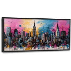 Glocmna Large Wall Art for Living Room Banksy Street Graffiti New York City Wall Decor Modern Skyline Cityscape Pictures Painting Big Canvas Print Framed Artwork Decorations Home Office Bedroom 30"x60"