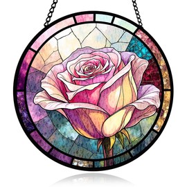 Pink Rose Stained Glass Window Hanging, Sun Catcher Panel Decorations for Window, Pink Bloom Ornam Decor, Flower Wall Hanging Ornament Decor, Glasswork Gifts for Mother, Bridal Shower, Housewarming