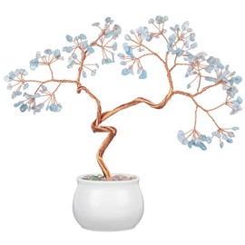 mookaitedecor Aquamarine Crystal Money Tree with Ceramic Base Bonsai Feng Shui Tree Ornament for Office Home Decor, 8-9.5 Inch