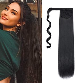 Cybelleza Straight Ponytail Extension Long Wrap Around Ponytails 22 inch Clip in Hair Extensions Hairpiece Synthetic for Women 105g, Black