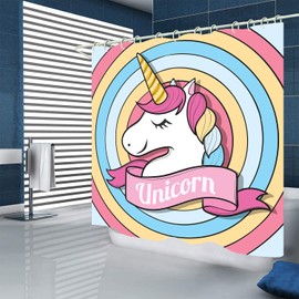 Hykiee Shower Curtain 180 x 180 cm, Anti-Mould Shower Curtains with 12 Shower Curtain Rings White Shower Curtain Opaque Washable Waterproof for Bath and Shower (Unicorn)