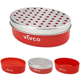 Vivco Cheese Grater with Container and Lid, Coarse and Fine 2 Size Lid, Stainless Steel Dishwasher Safe Cheese Shredder, Ginger Grater, Anti-Slip Kitchen Vegetable Chopper, Carrot Grater