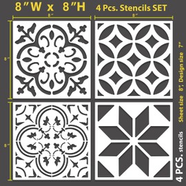 STENCILOGY® / 4 pcs. 8 x 8 Inches/Tile Stencil Set, Reusable Tile Stencils Set for Painting, Furniture, Floor/Household Paint Wall Stencils (8x8 inches)