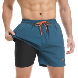 JustSun Men's Quick-Drying Board Shorts with Mesh Lining and Adjustable Drawstring, Peacock Blue 01