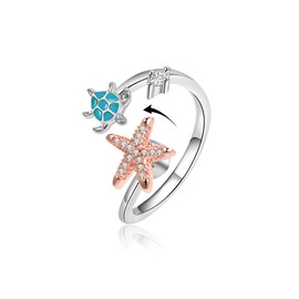 VYYU Fidget Ring for Women Girls - Anxiety Relief Stress Adjustable Open Rings with Beautiful Turtle & Starfish | Reliever Spinner Stress Relief Gift for Daughter Granddaughter Niece Little Sister