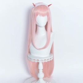 FILMIA Pink Wig Zero Two Cosplay Pastel Pink Wig for Women Code 002 Long Straight Hot Pink Anime Cosplay Wig with Horn--39 Inch