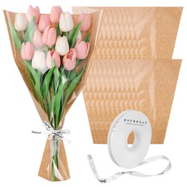 NUOBESTY Flower Packing Bags Bouquet Wrapping Paper with Ribbon Clear Kraft Flower Sleeves Brown Wedding Graduation Teacher Birthday Present 17x11 Inch 40pcs