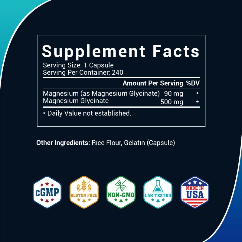 Magnesium Glycinate 500mg - 240 Capsules For Sleep, Stress Relief