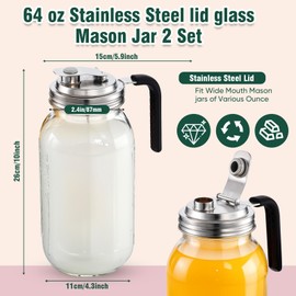 Baderke 2 Pcs Glass Mouth Mason Jars Pitcher with Stainless Steel Pour Spout Lid Leaking Proof Wide Mouth Mason Jars for Drinks Iced Coffee Milk Sun Tea Lemonade Juice(64 oz)