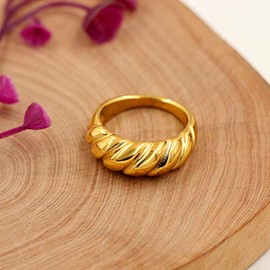 Simple Chunky Gold Croissant Dome Ring Stacking Braided Twisted Rope Signet Ring for Women Teen Girls (size 8)