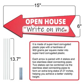 Open House Red Double - Sided Yard Sign with Arrows, 16" x 5" Inch, 12 Pcs 13.8" Stakes and 6 Stainless Steel Connectors – 2 Stakes Connect to 27.6" Tall Poles for Better Visibility (10)