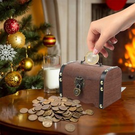 DEARMAMY Vintage Wooden Treasure Storage Box with Heart Shape Lock Coin Box Piggy Bank Treasure Chest Storage Keepsake