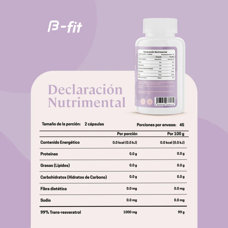 B-fit Trans-resveratrol 90 Capsulas 1000mg 45 Porciones