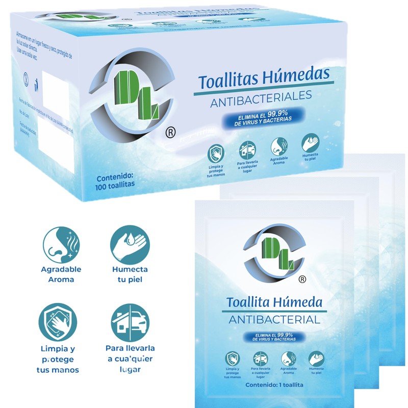 Toallitas Húmedas Antibacteriales Caja con 100 sobres. Producto grado médico,