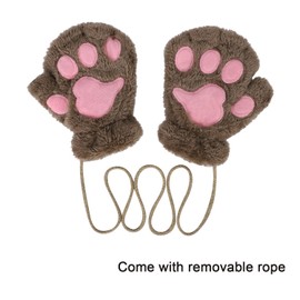 Women Girls Cat Dog Paw Fingerless Gloves Soft Plush Half Finger Gloves Winter Thick Warm Gloves Cute Bear Claw Coral Fleece Mittens with Anti-Lost String for Sports Touchscreen Typing Cosplay