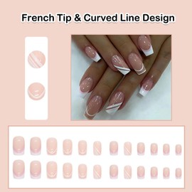 ANDGING French Tip Press on Nails Coffin Short Medium White Fake Nails with Curved Line Design Square Gel Glue on Nails for Women Girls Acrylic Stick on Nails with Glue False Nails for Wedding GGD668