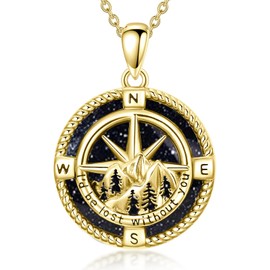 Flpruy Compass Necklace Yellow Gold Plated Sterling Silver Mountain Compass Pendant Blue Sandstone Talisman Travel Necklace I'd Be Lost without You Graduation inspirational Jewelry Gift for Women