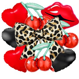 9 Pcs Red and Black Foil Balloons Set - 38” Cheetah Print Bow, Red Lips, Cherry & Black Heart Balloons for Bachelorette Party, Girls Night, Kiss the Miss Goodbye, Cheetah Print Birthday Celebrations